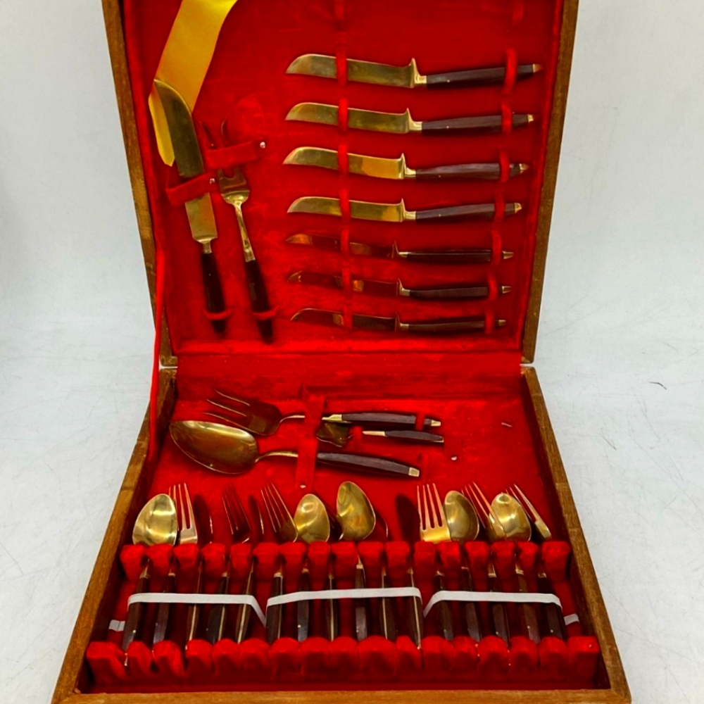 Vintage MCM Brass and Wood handle flatware